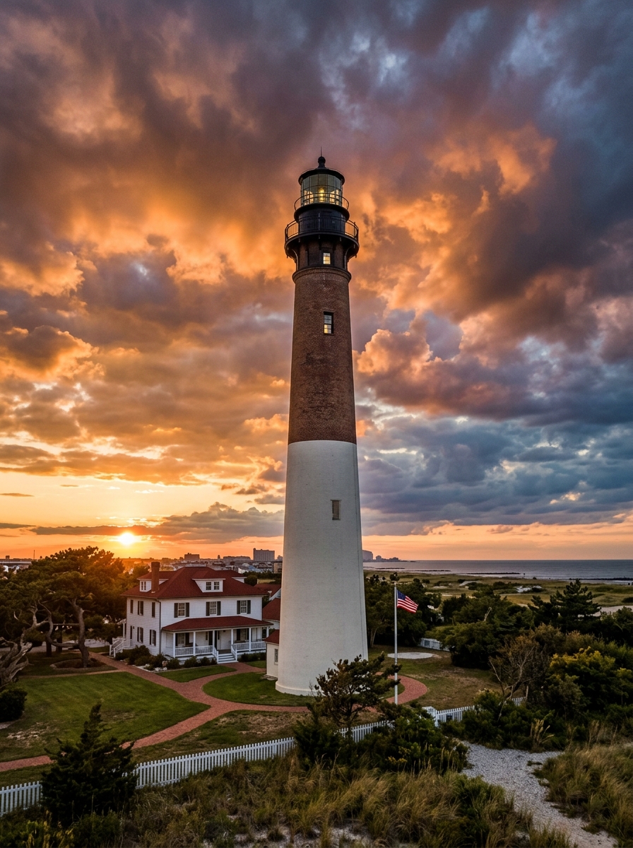 Absecon Lighthouse standing tall against a dramatic sky