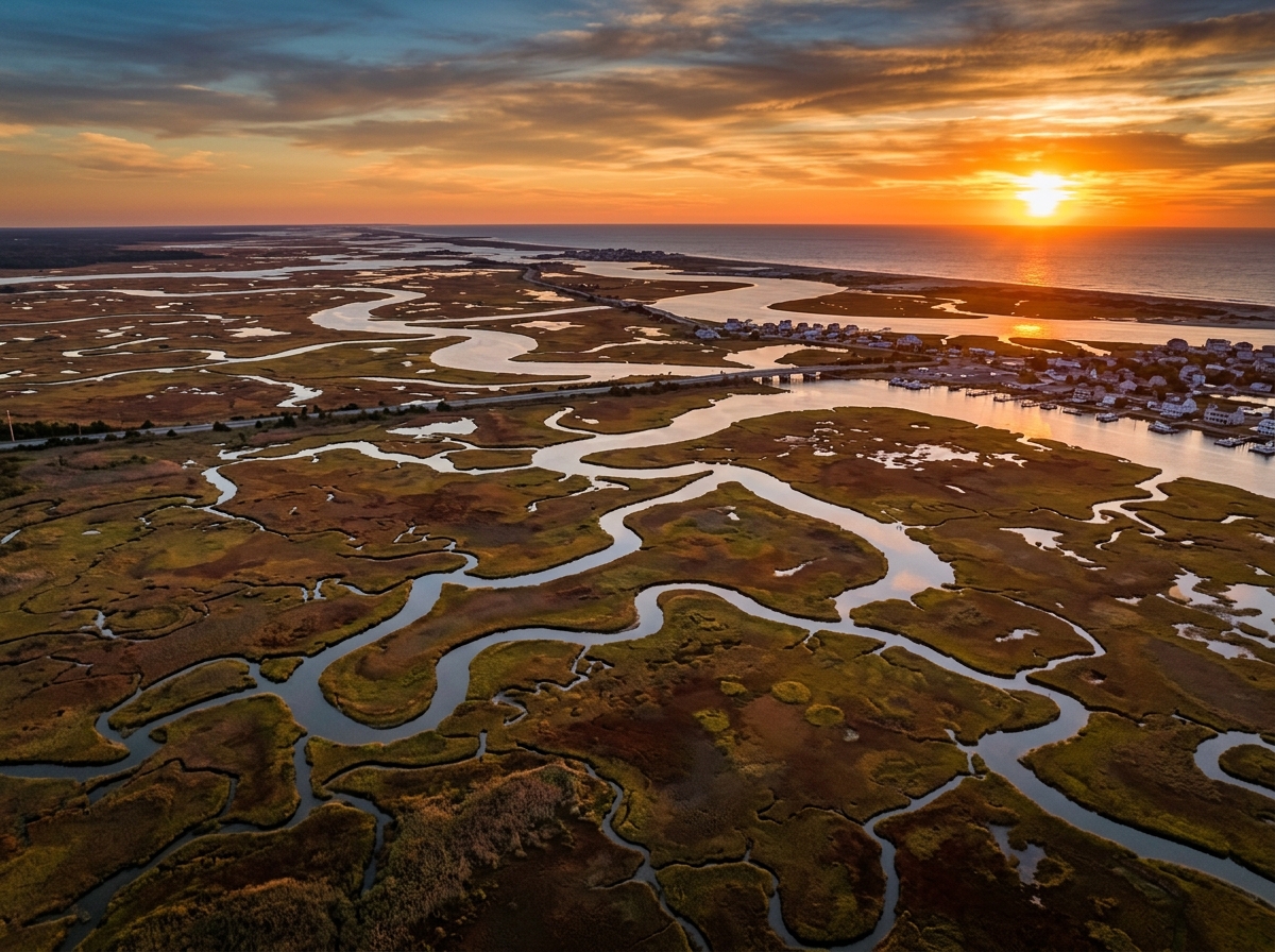 Aerial view of coastal marshlands and tidal waterways at sunset