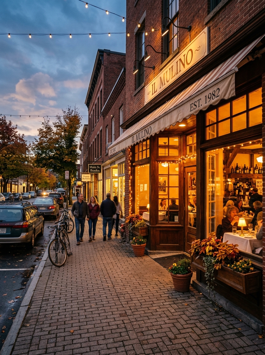 Italian restaurant on a charming small-town street at evening