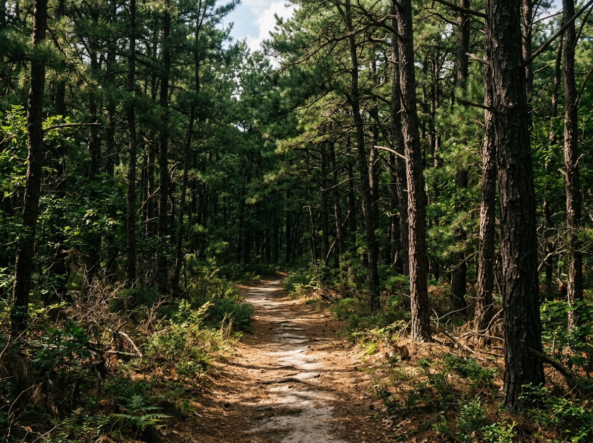 Sunlit trail through Pine Barrens forest