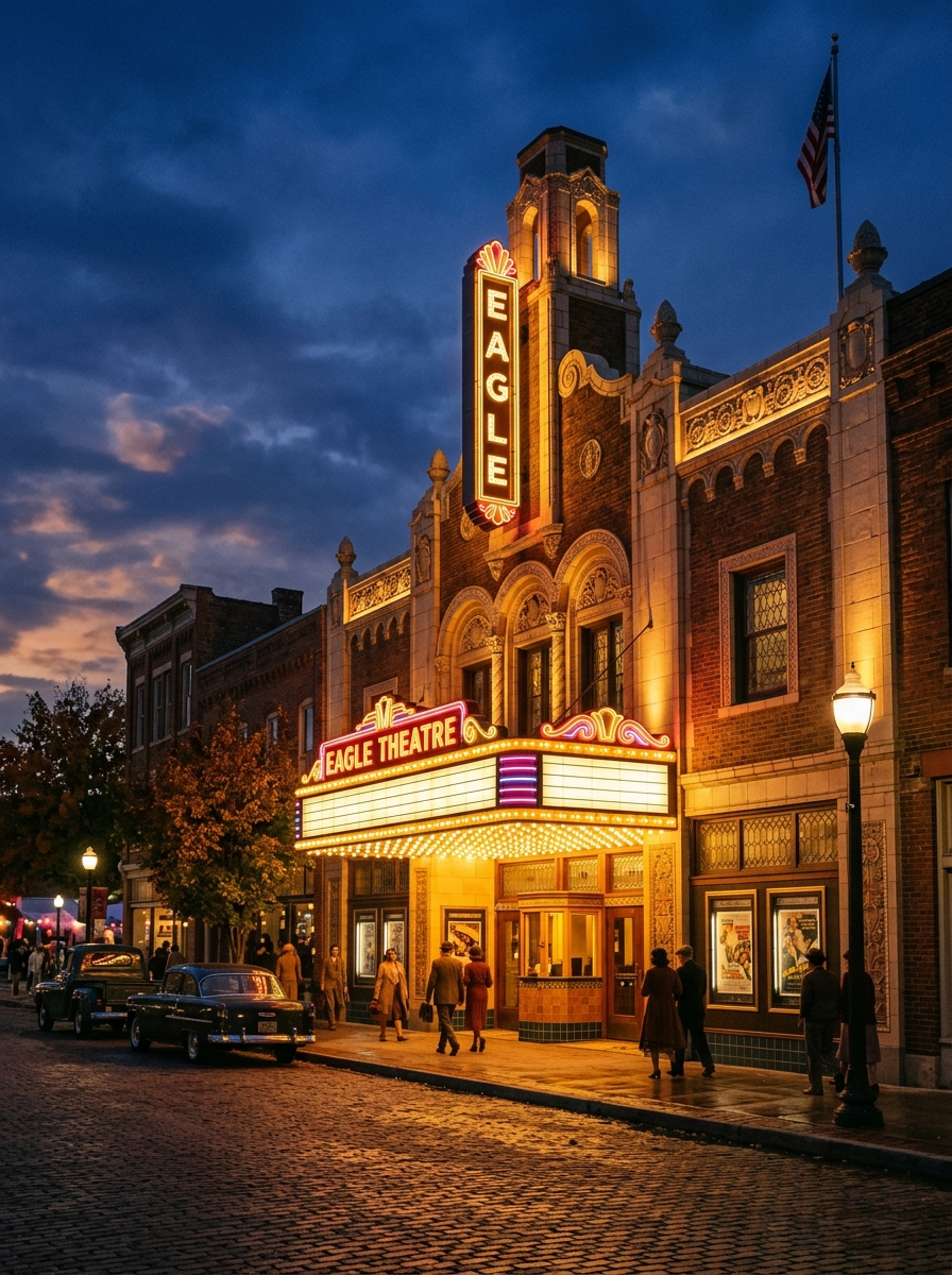 Historic Eagle Theatre facade with warm lighting