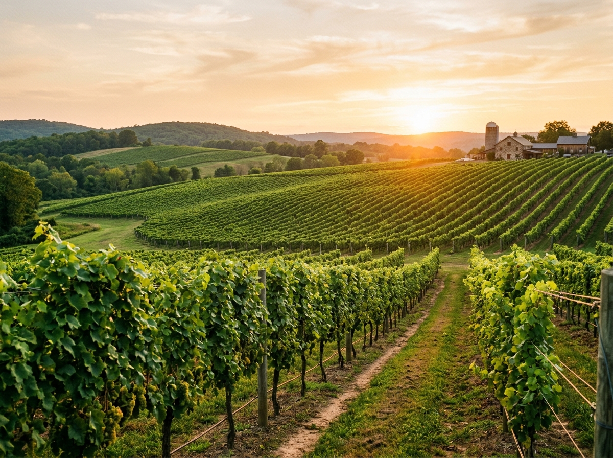 Vineyard rows at a New Jersey winery during golden hour