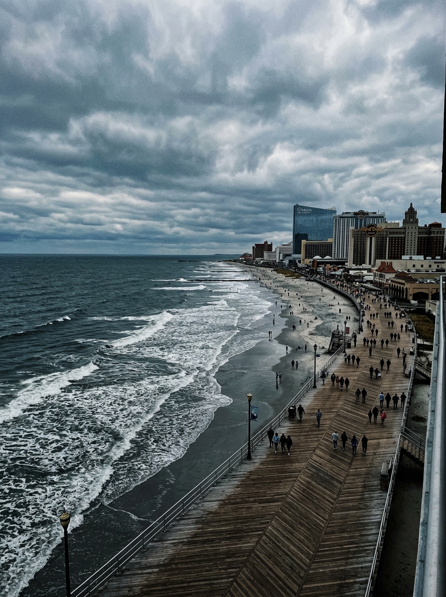Atlantic City boardwalk and beach from a distance