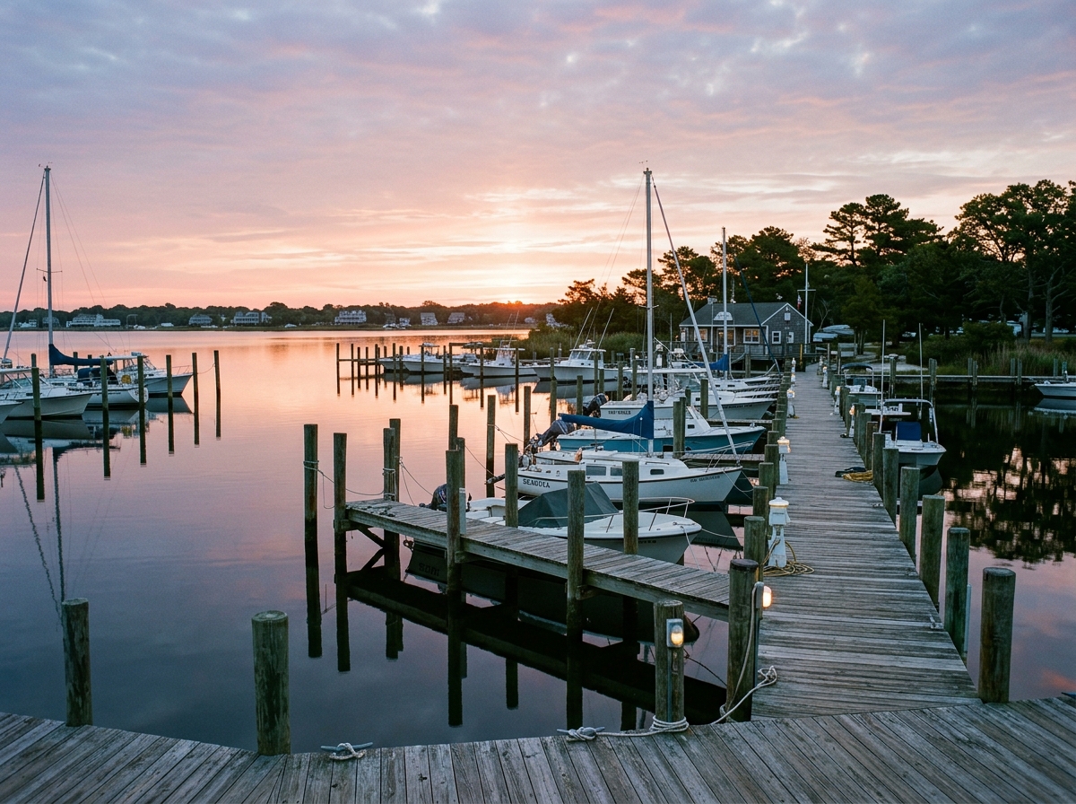 Small boat marina at dawn with calm reflective water