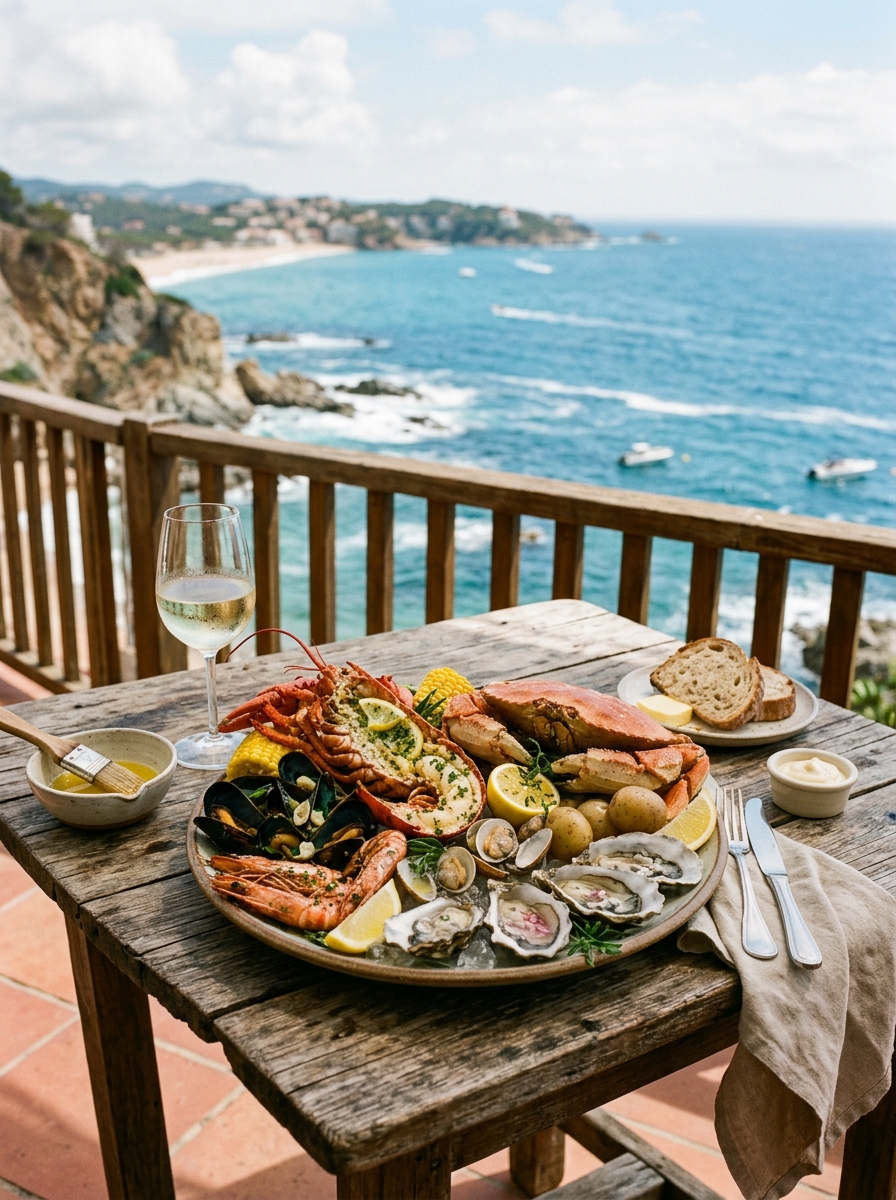 Fresh seafood platter with coastal dining view