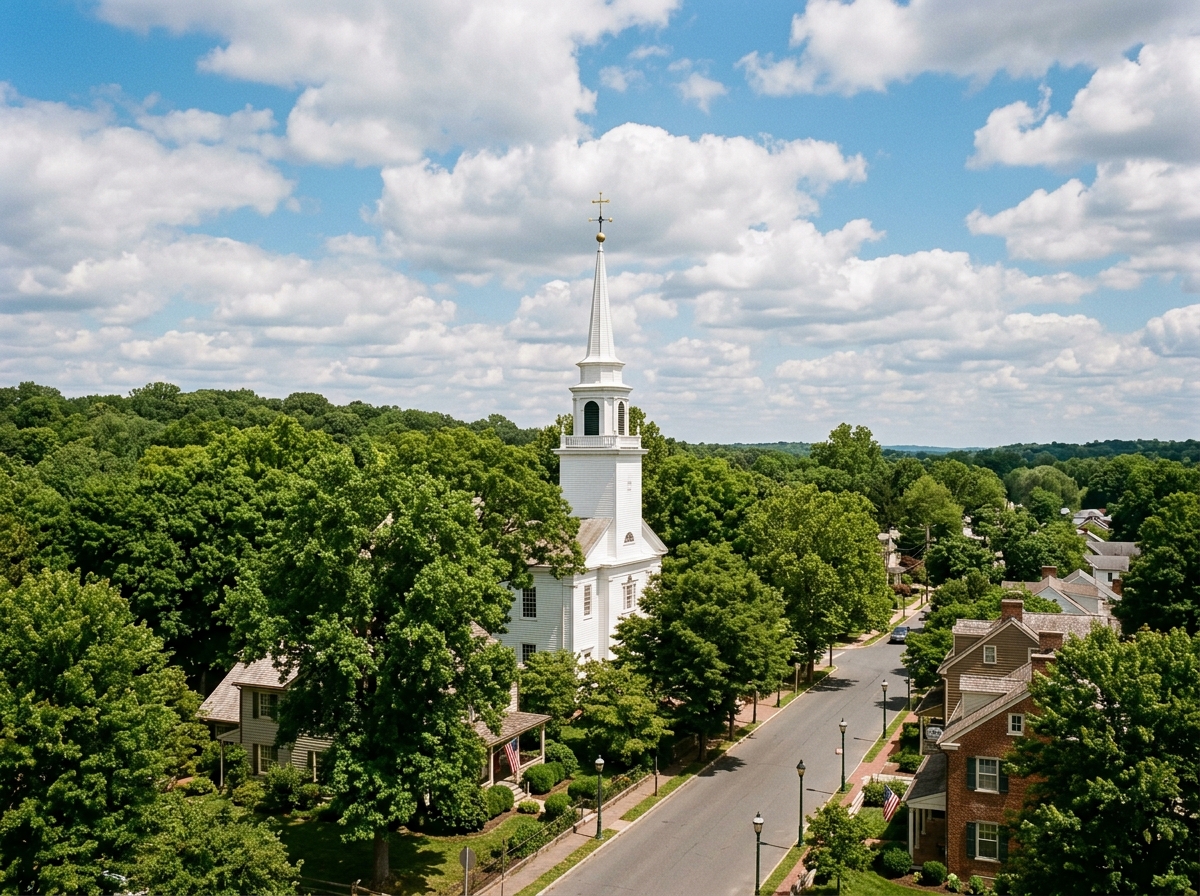 Historic white church steeple above green trees in Absecon