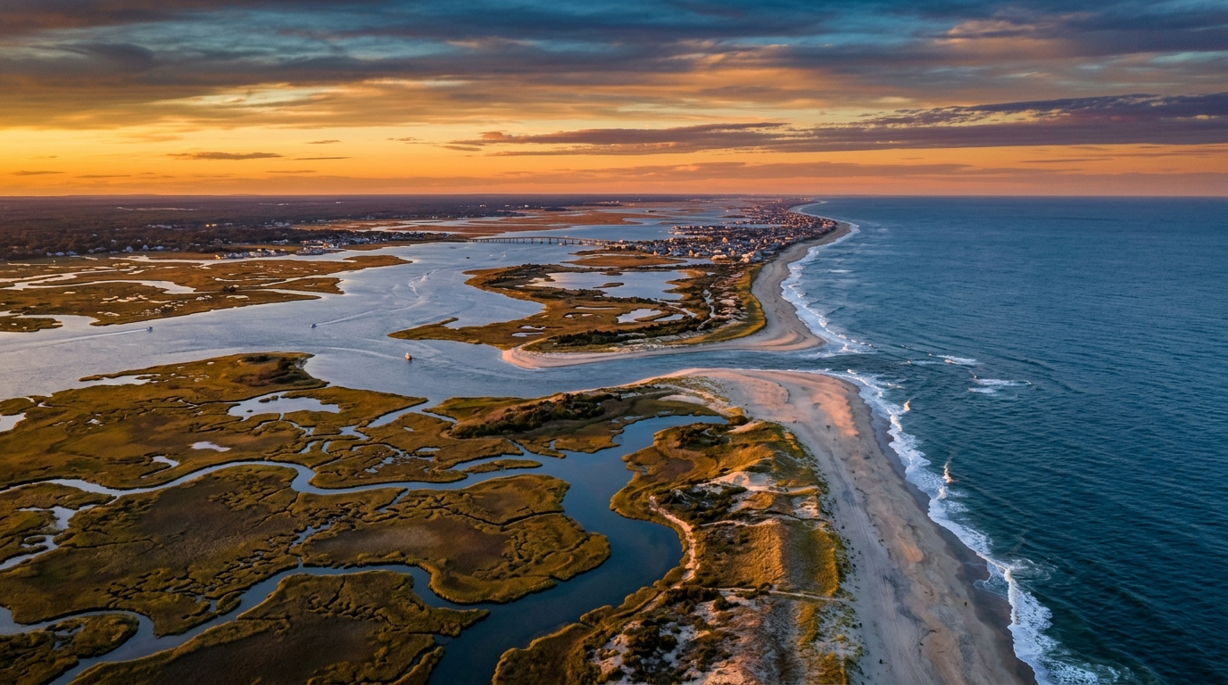 Aerial view of the New Jersey shoreline at golden hour